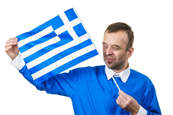 Happy Joful Man Holding Greek Flag Tourism Country Presentation Promotion — Stock Photo, Image