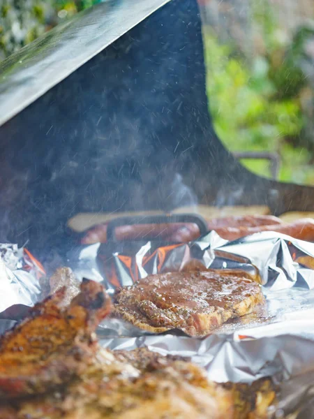 Delicious Marinated Assorted Meat Barbecue Grill Barbeque Dinner Outdoor — Stock Photo, Image