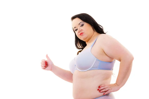 Size Fat Mature Woman Wearing Bra Lingerie Giving Thumb White — Stock Photo, Image