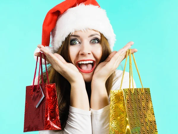 Young Brunette Woman Happy Give Christmas Gifts Female Wearing Santa — Stock Photo, Image