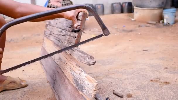 Close Hand Sawing Old Wood — Stock Video