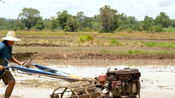 Viejo Usando Pequeño Tractor Para Arar Granja Para Ajustar Suelo — Vídeos de Stock