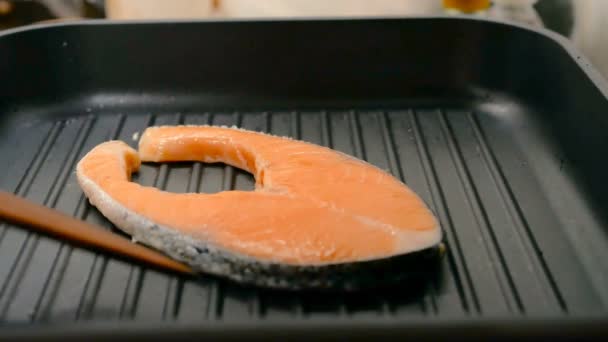 Lachs Einer Schwarzen Pfanne Grillen — Stockvideo