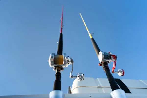 Fishing Rod Saltwater Motor Boat Fishery Day Blue Ocean Successful — Stock Photo, Image