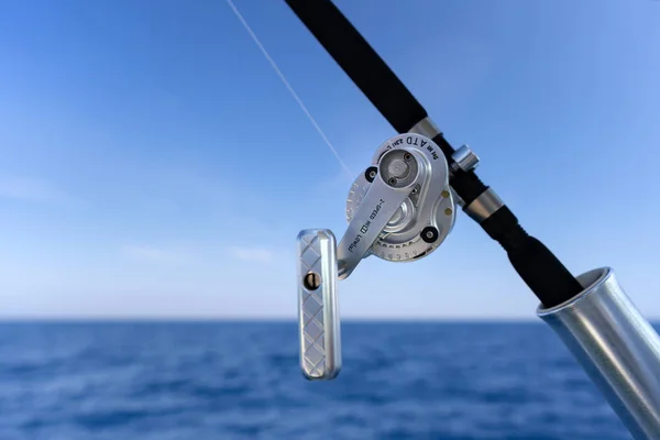 Fishing Rod Saltwater Motor Boat Fishery Day Blue Ocean Successful — Stock Photo, Image