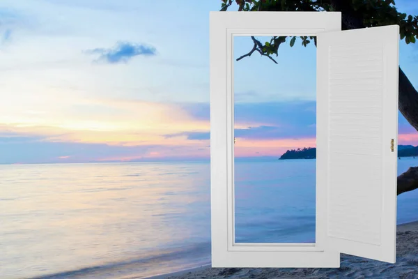 White window open frame with sunset beach, horizontal landscape idea concept background.