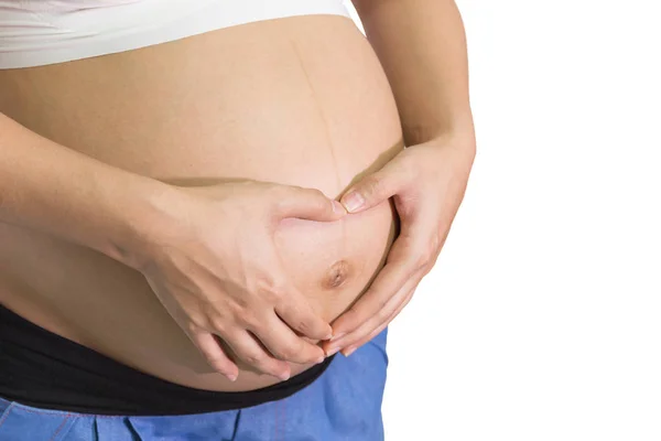 Mujer Embarazada Semanas Manos Forma Corazón Vientre Con Fondo Blanco — Foto de Stock