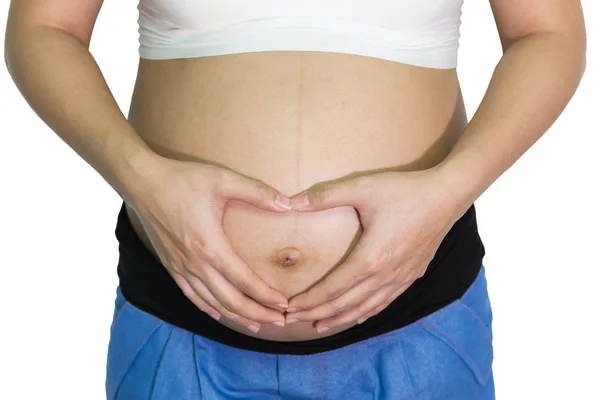 白い背景に 健康概念腹妊婦 週間手ハート — ストック写真
