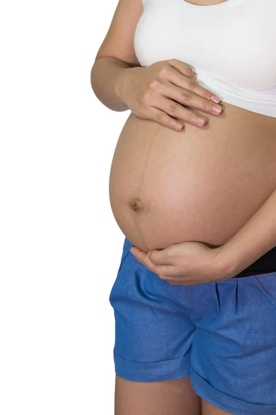 Mujer Embarazada Semanas Manos Sosteniendo Vientre Con Fondo Blanco Concepto — Foto de Stock