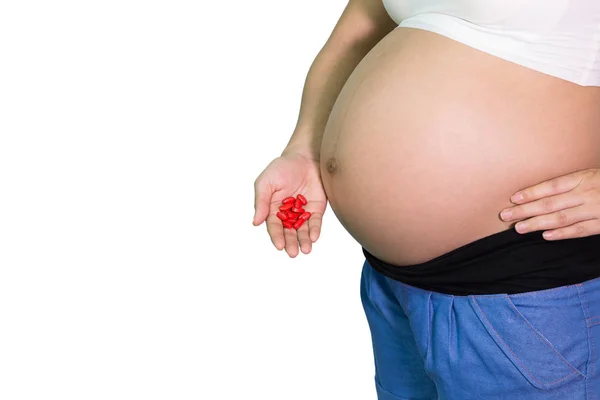 Mujer Embarazada Semanas Sosteniendo Medicina Vitaminas Ácido Fólico Mano Fondo — Foto de Stock