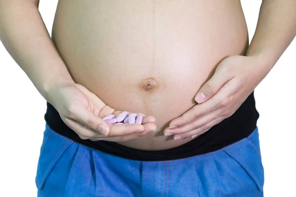 Mujer Embarazada Semanas Sosteniendo Medicina Vitaminas Calcio Mano Fondo Blanco — Foto de Stock