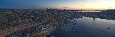 Seattle Göl Birliği şehir Waterfront San Juan Adaları hava panoramik görünüm canlı günbatımı