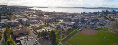 Lake Washington Seattle manzarası doğru seyir Kirkland Washington şehir merkezinde hava panoramik