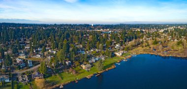 Göl Ballinger Mountlake Terrace Edmonds Washington Olimpiyat Dağları havadan görünümü arka plan
