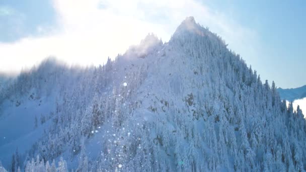 Copos Nieve Cayendo Frente Cima Montaña Soleada Luz Brillante Que — Vídeo de stock