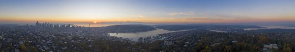 Seattle Naplemente Drone Légi Panoráma — Stock Fotó