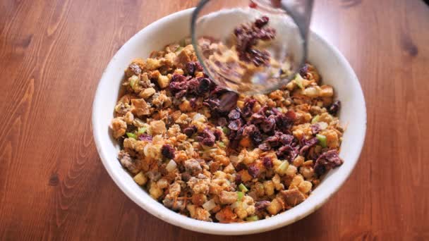 Stuffing Bowl Adding Cranberries Stirring Ingredients Serving Bowl — Stock Video