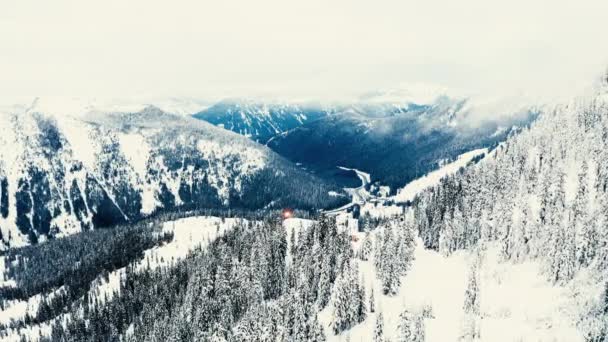 Ski Resort White Snowy Conditions Dark Dusk Drone Flight – stockvideo