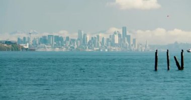 Seattle şehir manzarası helikopter tekne sahil güvenlik arama kurtarma