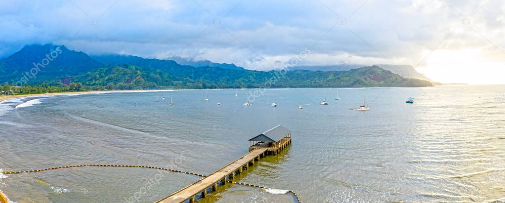 Hanalei Beach Pier Kauai Hawaii Aerial Panoramic View