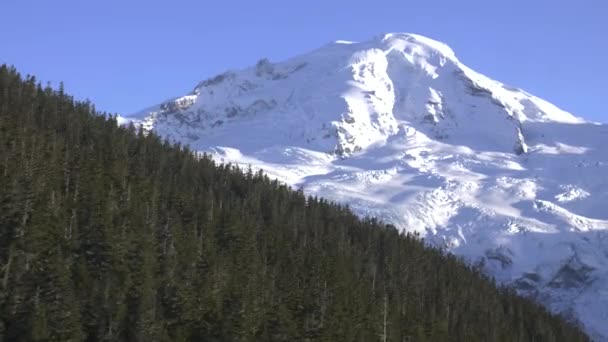 Stora Snötäckta Vackra Bergstopp Bakom Flyga Helikopter Över Skogen — Stockvideo