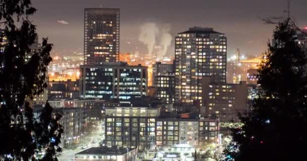 Fabriek Schoorstenen Industriële Stad Centrum Wolkenkrabber Torens Licht Vervuiling Bij — Stockvideo