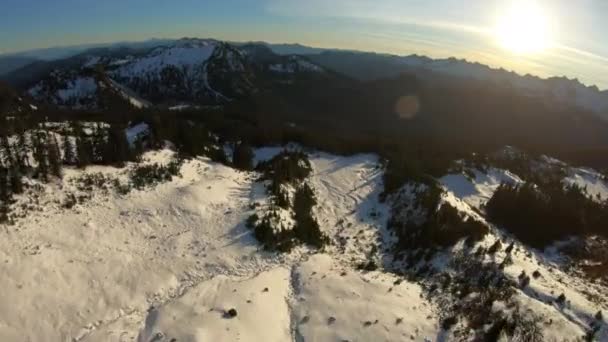 Monte Baker Snoqualmie Snowy National Forest Sun Flare Sobrevoando Árvores — Vídeo de Stock
