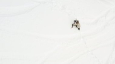 Dağ - kış spor kavram üstüne alma onun hedefe ulaşmak için çaba Snowboarder yukarıda dağ hava görünümünü dron açı kadar Hiking dik snowboard kavramı