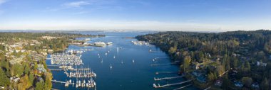 Panoramic Aerial Birds Eye View of Bainbridge Island Mount Rainier Seattle clipart