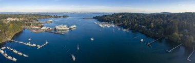 Kartal Seattle hava manzara - Bainbridge Island Washington ABD - panoramik Mount Rainier ve Feribot Terminali doğru seyir Harbor