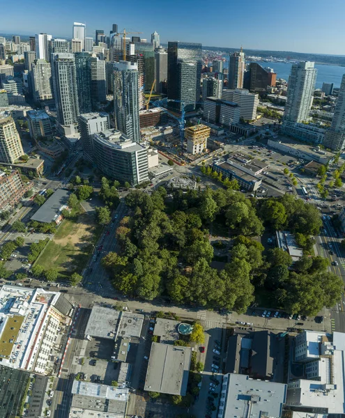 Сиэтл Вашингтон Дайк Парк и Даунтаун Район Воздушный — стоковое фото