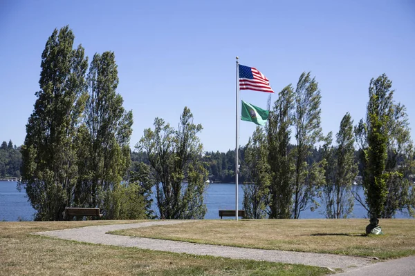 Walkway Country Flags and Benches at Luther Burbank Park in Merc