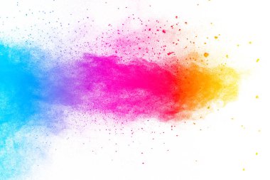 Multi renk toz patlama beyaz arka plan üzerinde. Renkli toz parçacıklarının sıçramasına başlattı.
