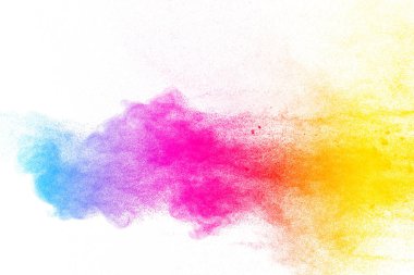 Multi color powder explosion on white background. Launched colorful dust particles splashing. clipart