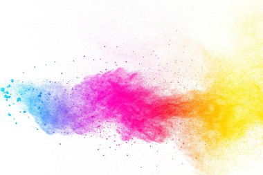 Multi color powder explosion on white background. Launched colorful dust particles splashing. Red yellow blue powder splatter. clipart