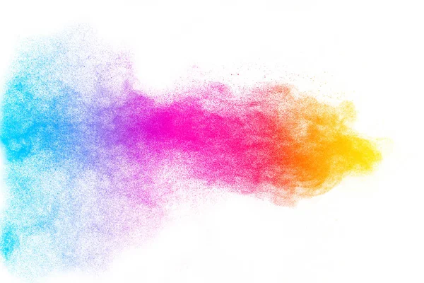 Multi Color Pulver Explosion Auf Weißem Hintergrund Bunte Staubpartikel Spritzten — Stockfoto