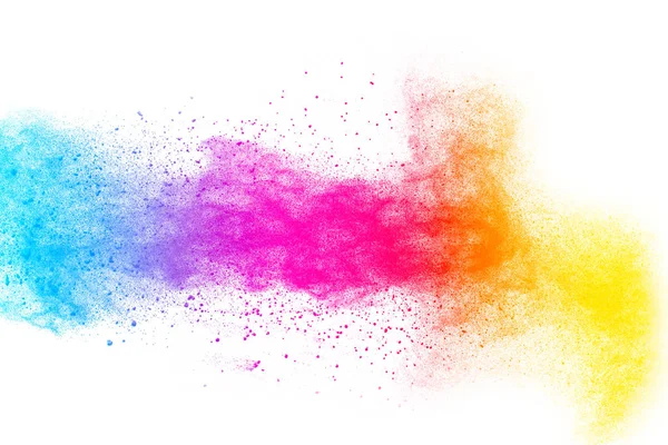 Multi Kleur Poeder Explosie Witte Achtergrond Kleurrijke Stofdeeltjes Spatten Gelanceerd — Stockfoto
