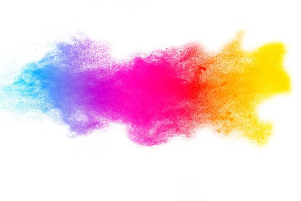 Multi Kleur Poeder Explosie Witte Achtergrond Kleurrijke Stofdeeltjes Spatten Gelanceerd — Stockfoto