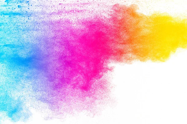 Разноцветный Взрыв Порошка Белом Фоне Запущены Разноцветные Пылевые Частицы Красно — стоковое фото