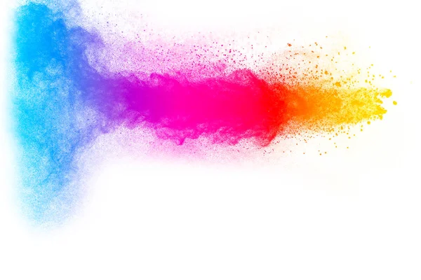Explosão Multi Cor Fundo Branco Lançado Partículas Poeira Coloridas Salpicos — Fotografia de Stock