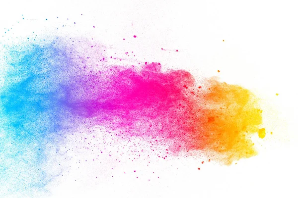 Multi color powder explosion on white background. Launched colorful dust particles splashing. Red yellow blue powder splatter.