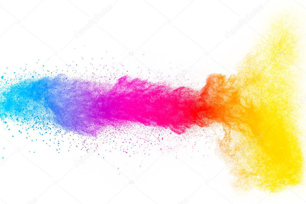 Multi color powder explosion on white background. Launched colorful dust particles splashing. Red yellow blue powder splatter.