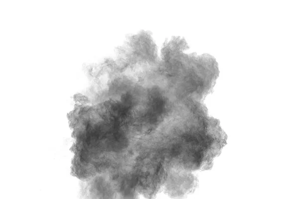 Zwarte Poeder Explosie Tegen Witte Achtergrond Zwarte Stofdeeltjes Spatten — Stockfoto
