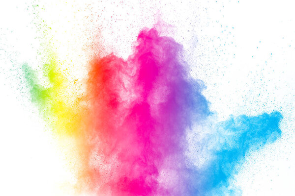 The explosion of colorful holi powder. Beautiful rainbow color powder fly away.The cloud of glowing color powder on white background.
