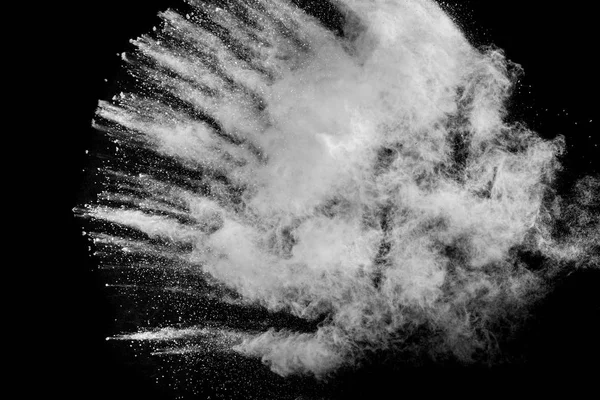 Nube Explosión Polvo Blanco Contra Fondo Negro Salpicaduras Partículas Polvo — Foto de Stock