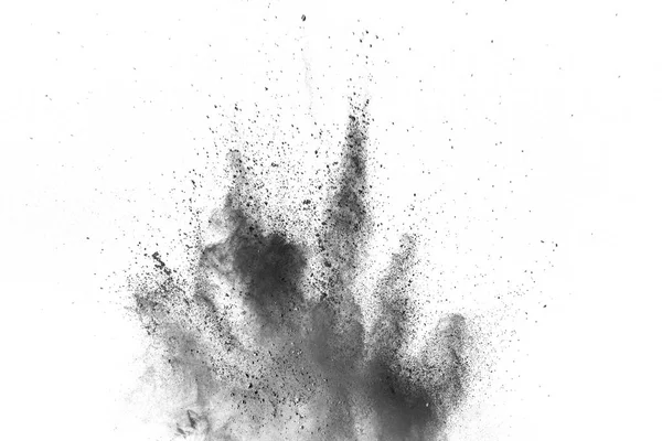 Μαύρη Σκόνη Έκρηξη Άσπρο Φόντο Μαύρη Σκόνη Σωματίδια Παφλασμό Χειροποίητη — Φωτογραφία Αρχείου