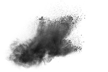 Beyaz arka planda siyah toz patlama. Siyah toz parçacıkları sıçrama. Boyalı Holi toz Festivali.