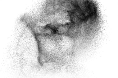 Beyaz arka planda siyah toz patlama. Siyah toz parçacıkları sıçrama. Boyalı Holi toz Festivali.