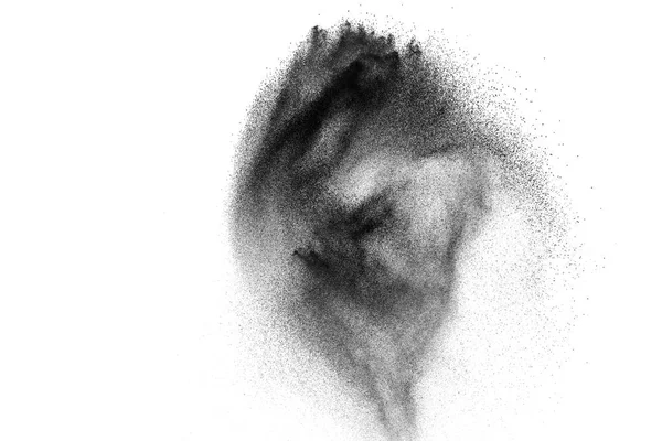 Μαύρη σκόνη έκρηξη σε άσπρο φόντο. Μαύρη σκόνη σωματίδια παφλασμό. Χειροποίητη σκόνη Holi φεστιβάλ. — Φωτογραφία Αρχείου