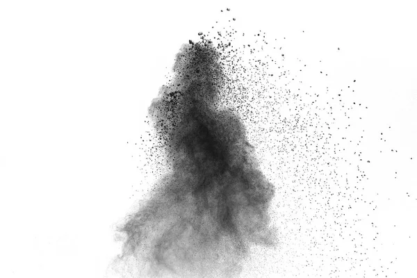 Eksplozja czarny proszek na białym tle. Czarnego pyłu cząstek splash. Malowane Festiwal proszek Holi. — Zdjęcie stockowe